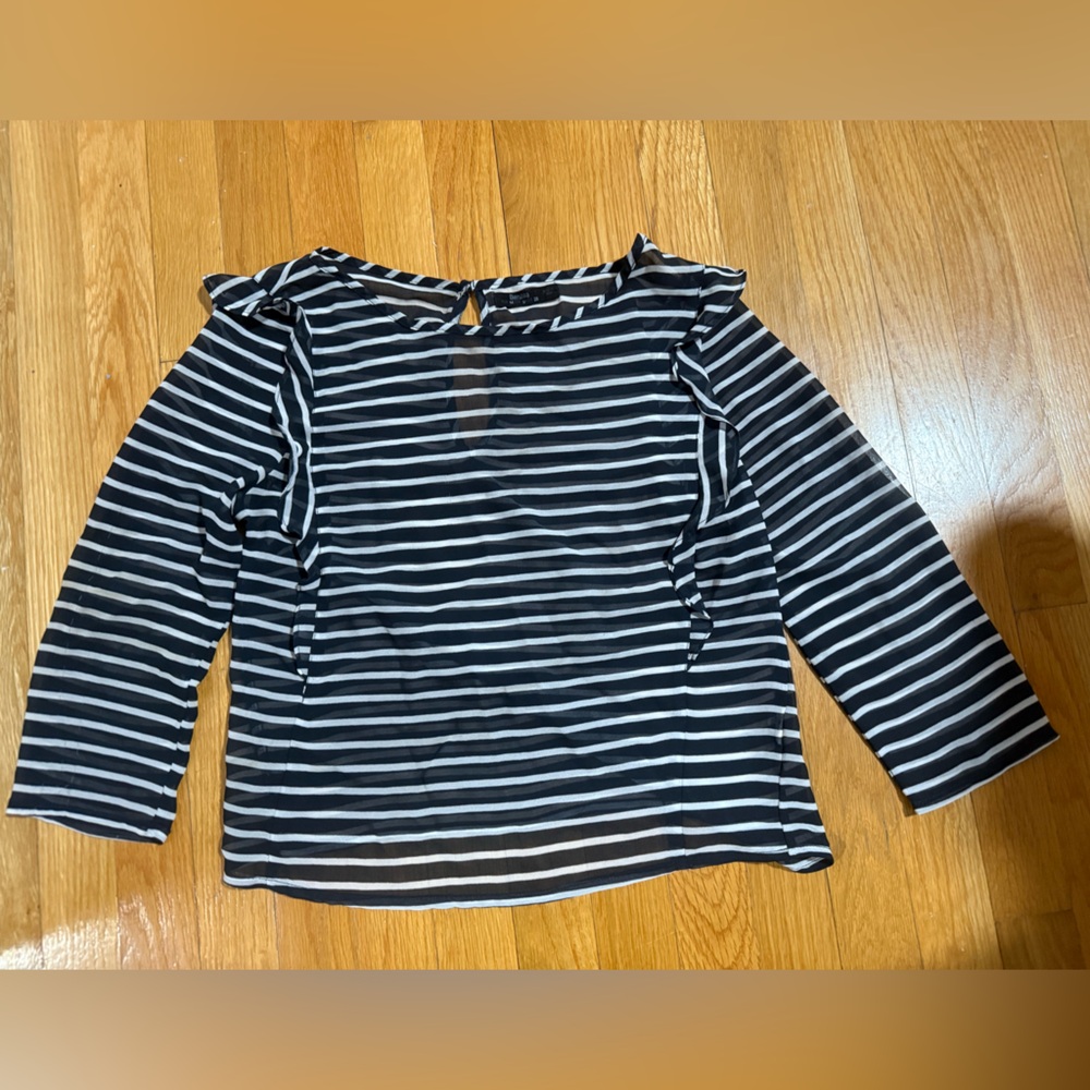 Bershka Navy and White Striped Long Sleeve Top
